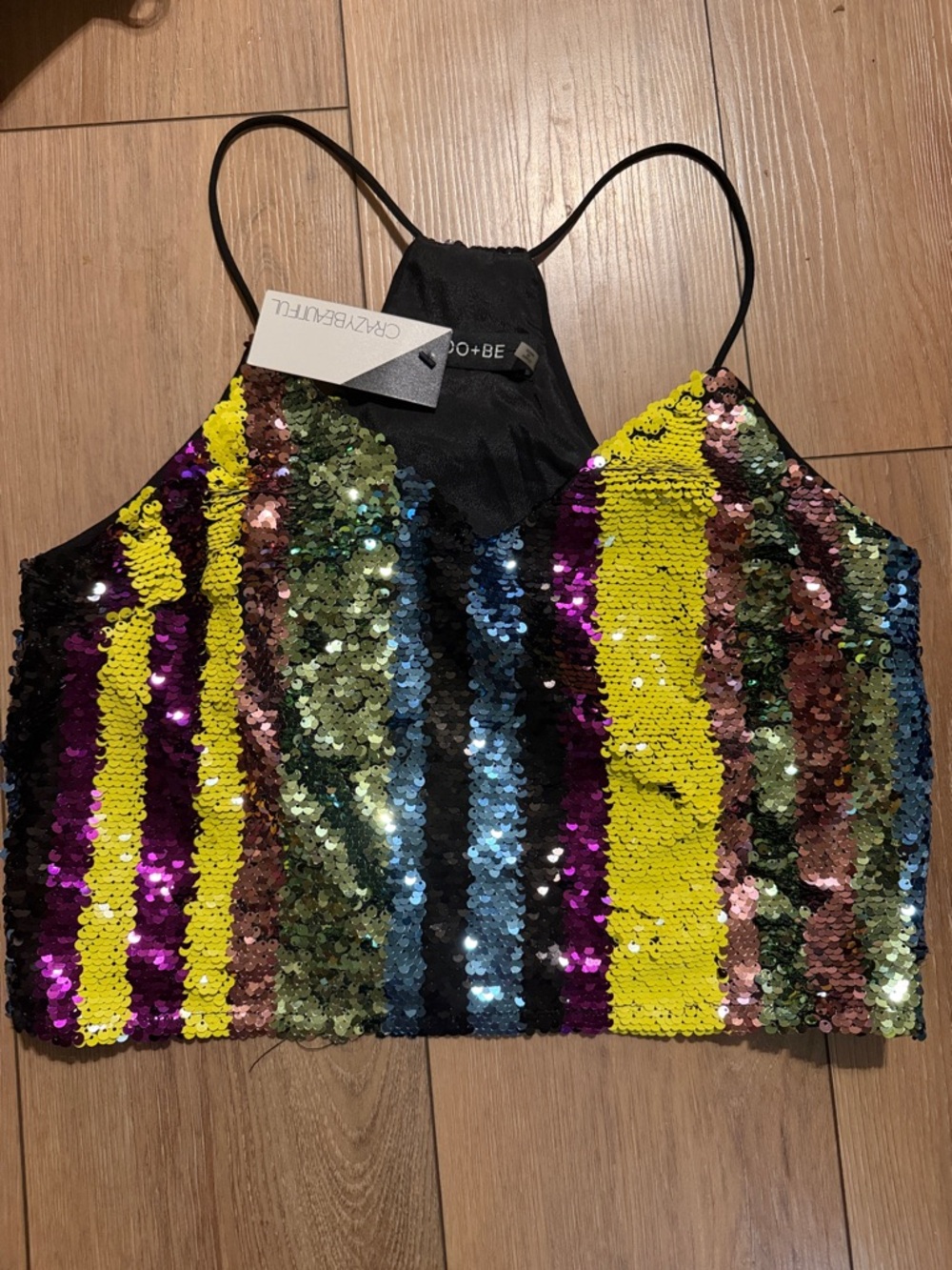 Sequin Stripe Halter Crop Top - Yellow Multicolor